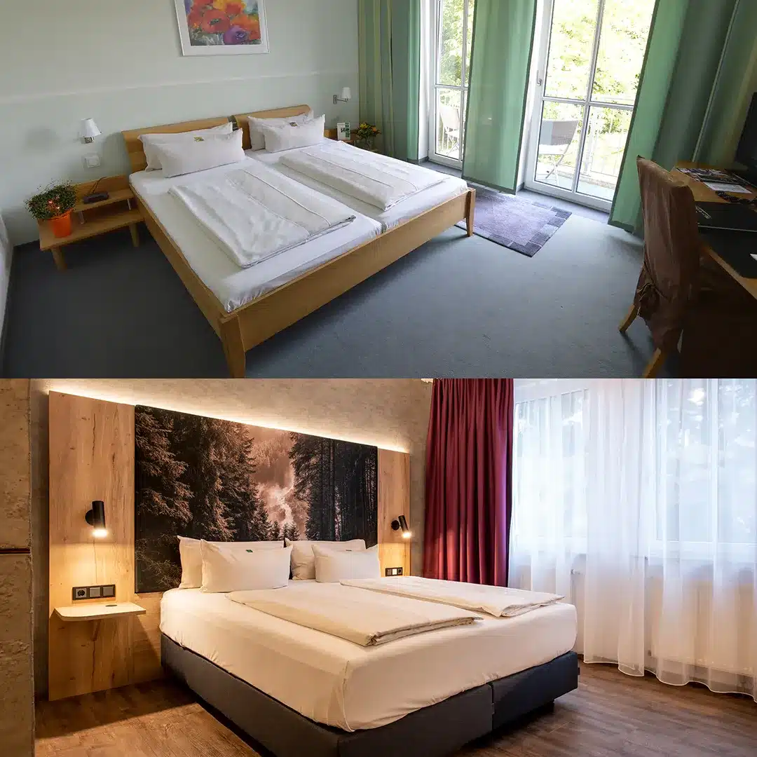 Ein Vergleich zwischen den alten und neuen Hotelzimmern im Arcus Hotel.
