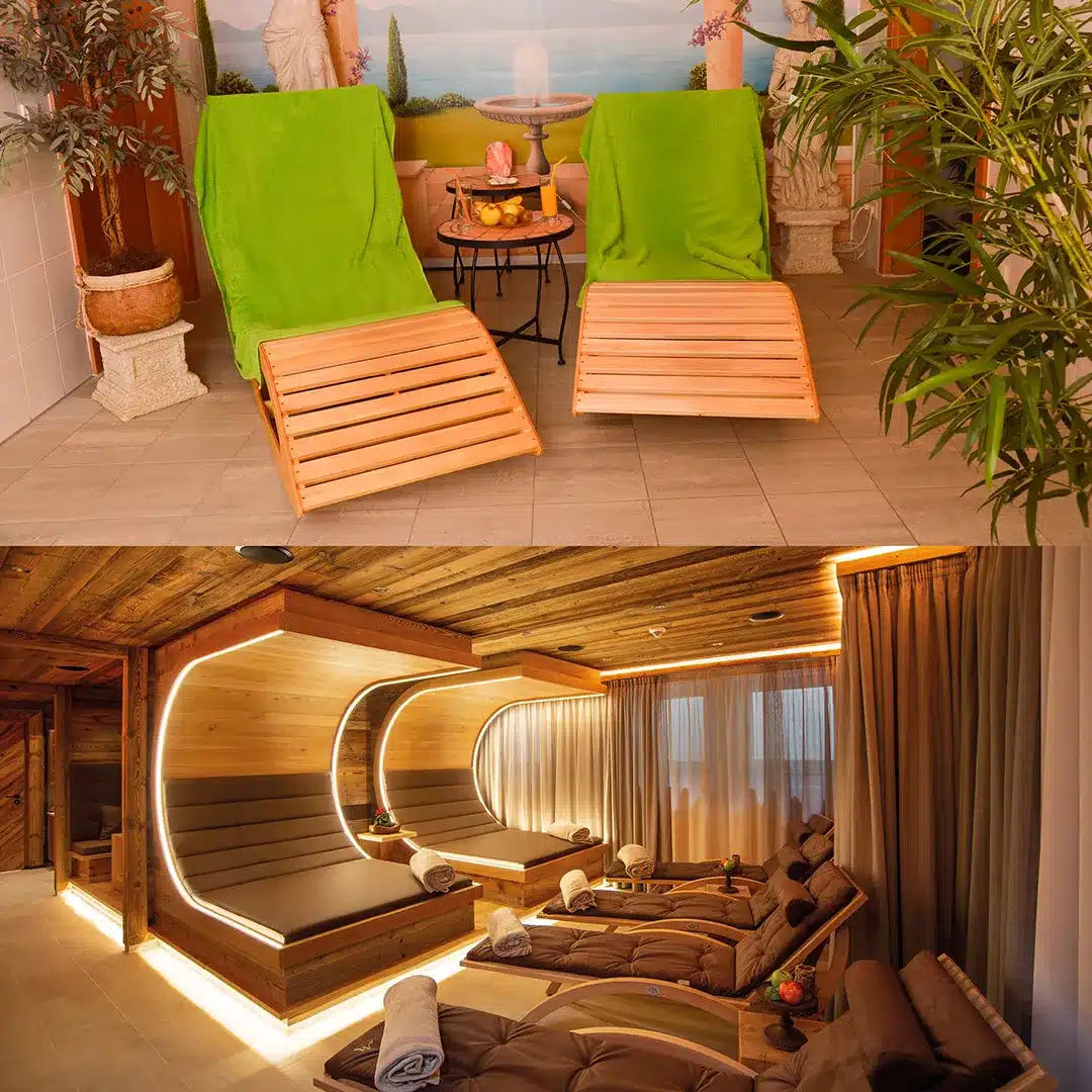 Ein Vergleich zwischen dem alten und neuen Ruhebereich der Sauna im Arcus Hotel.